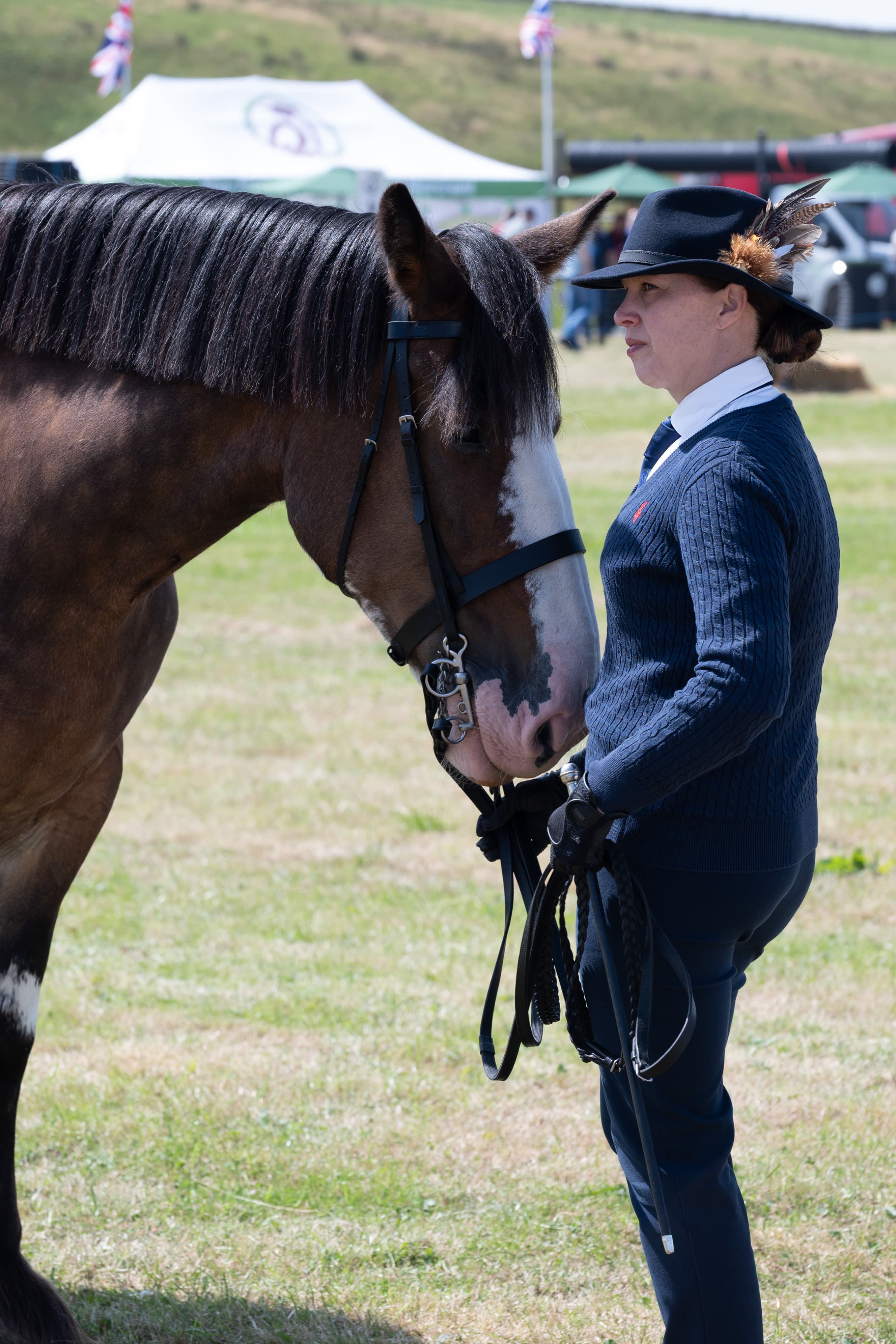 Horse and handler standing together at an outdoor show